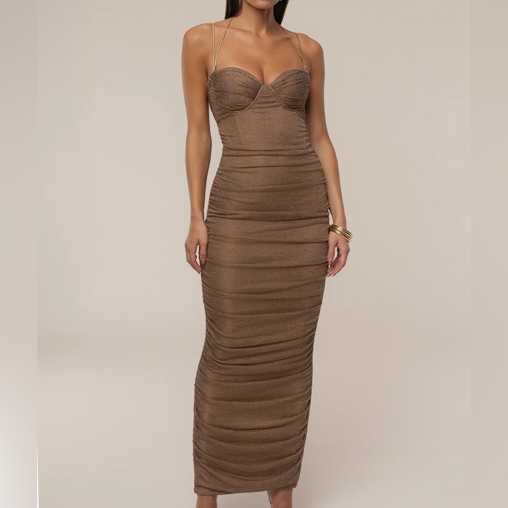 JLUXLABEL Bronze Ruched Metallic Maxi Dress